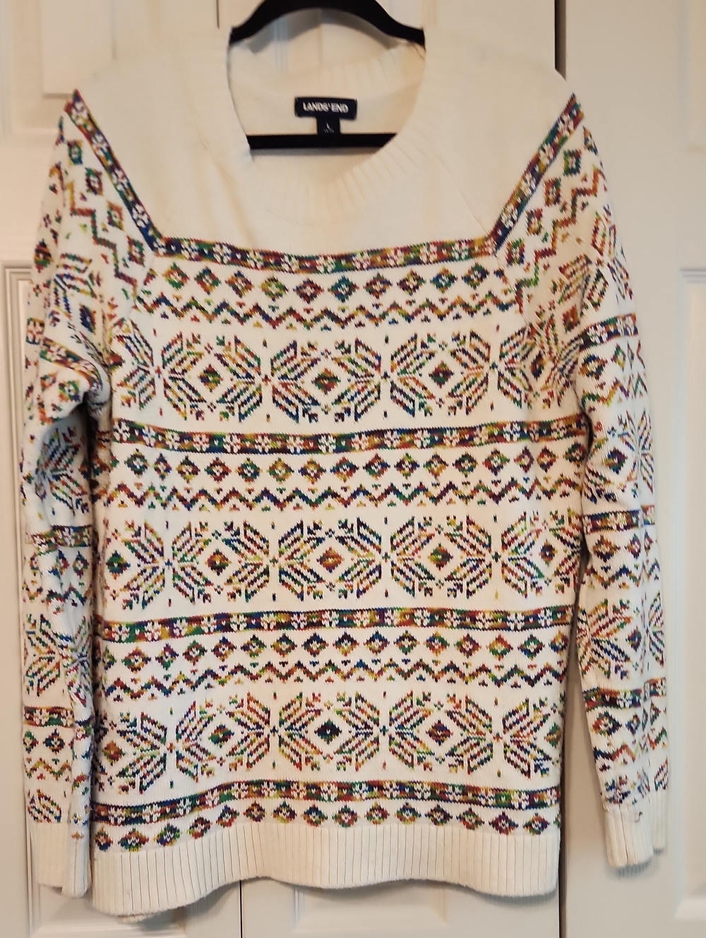Lands' End Fair Isle Crewneck Sweater with Multicolor Rainbow Snowflakes